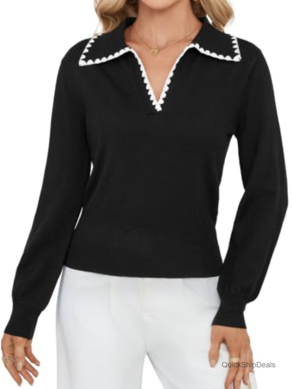 Contrast Trim Collar V Neck Sweater Bishop Sleeve Knit Top